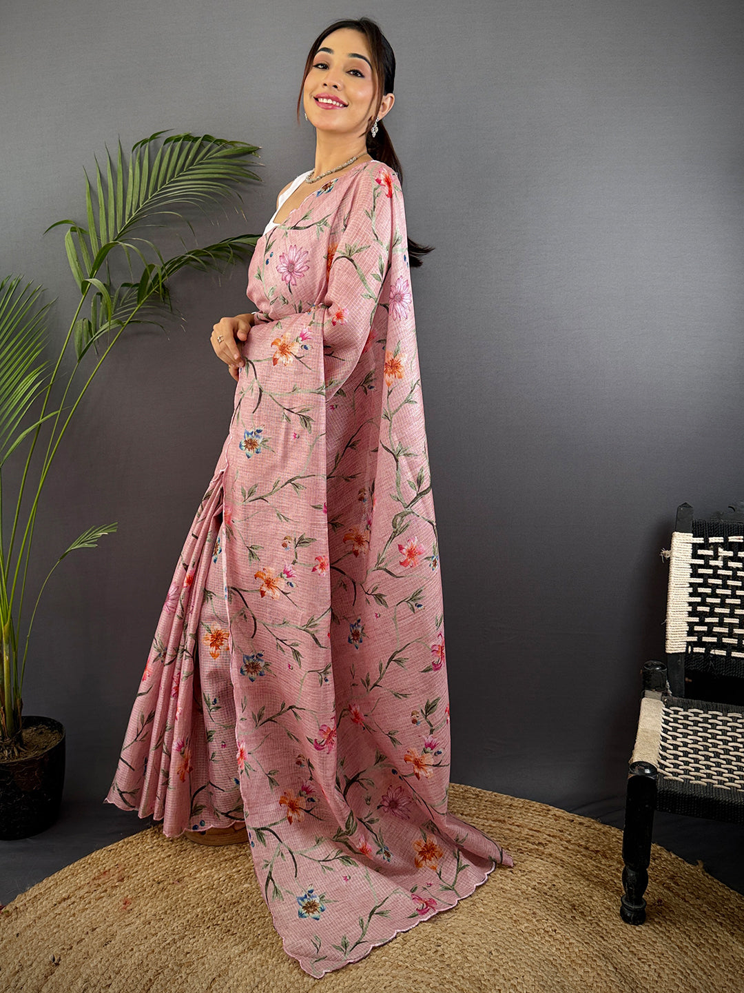 Light Pink Soft Kota Floral Print Saree by My Store