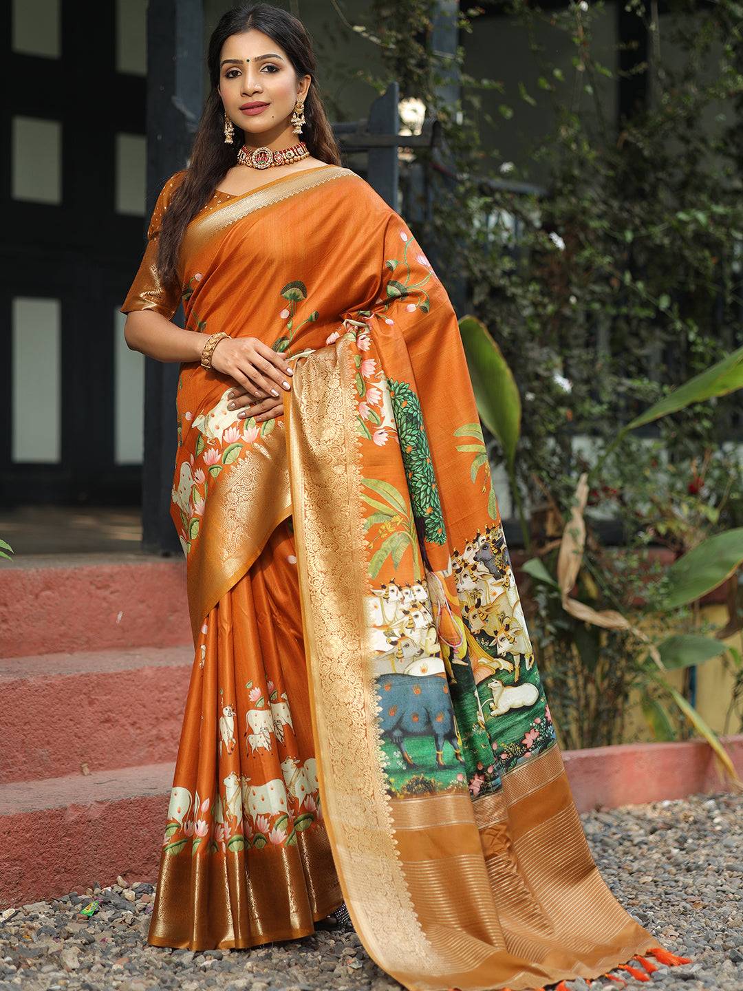 Viscose Dola Silk Orange Colour Saree with Floral and Mughal Print - Luxe