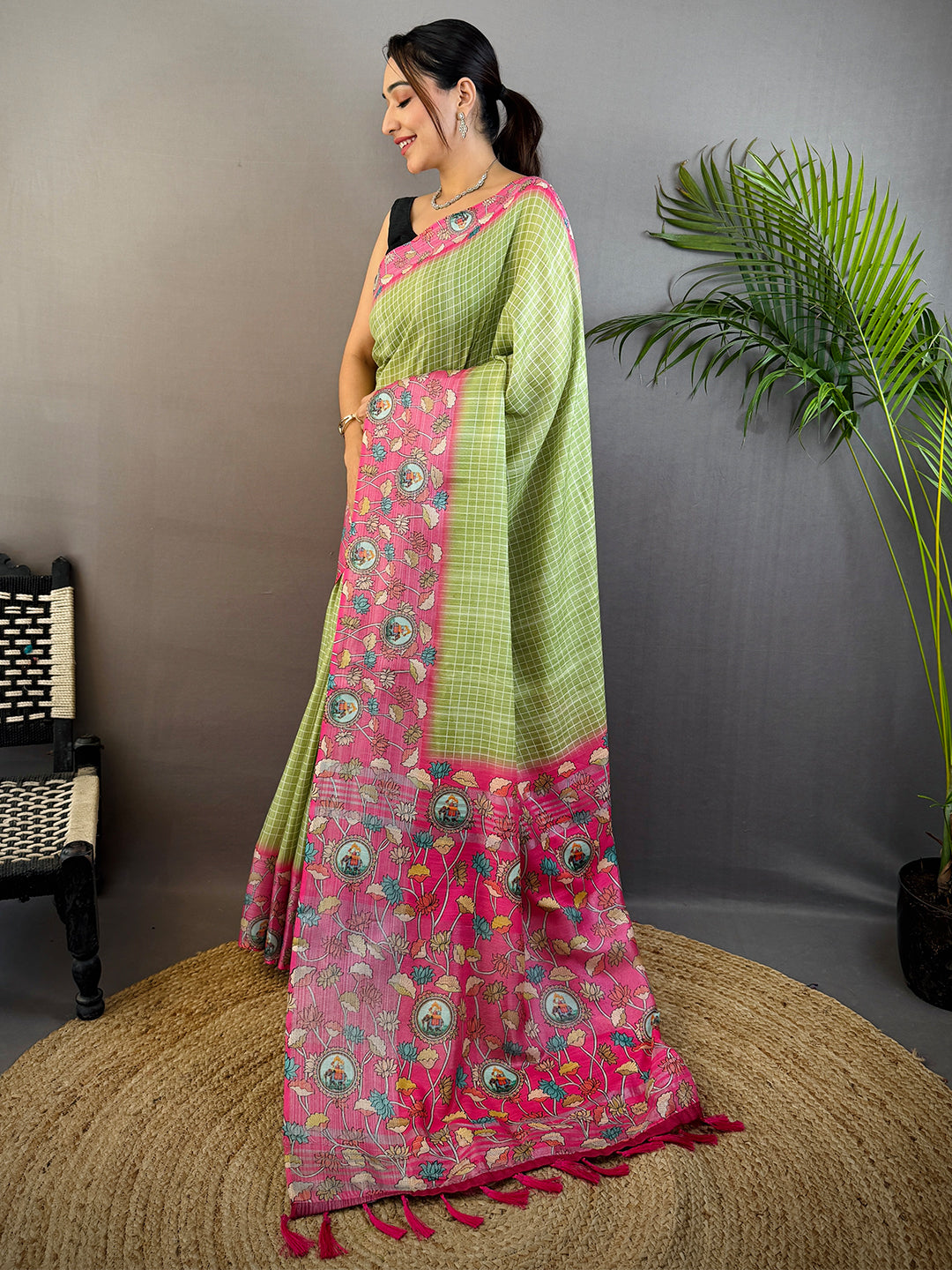Mint Green Linen Kalamkari Print Saree by My Store