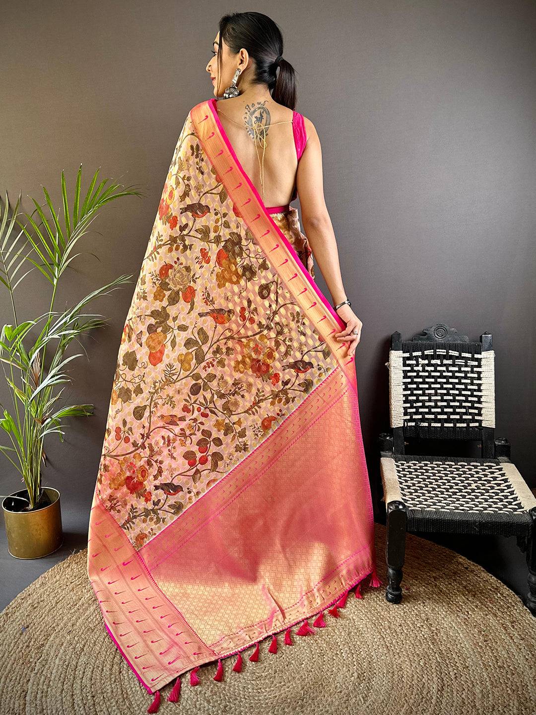 Light Peach Floral Paithani Kora Silk Saree by My Store