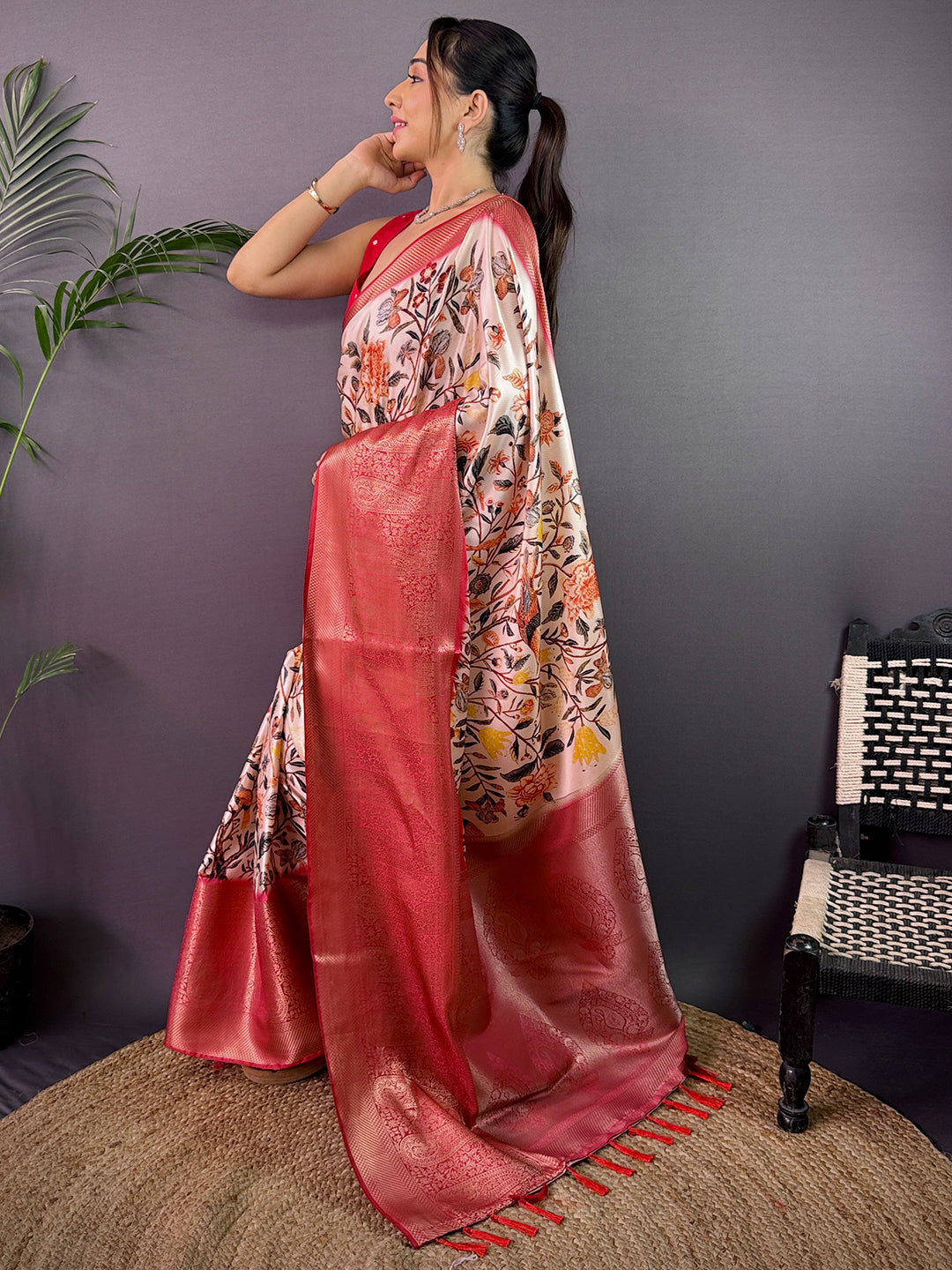 Ivory Cherry Satin Kalamkari Saree by My Store