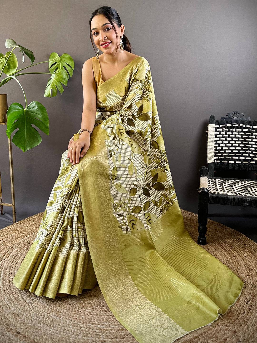 Leaf And Check Olive Viscose Saree by My Store