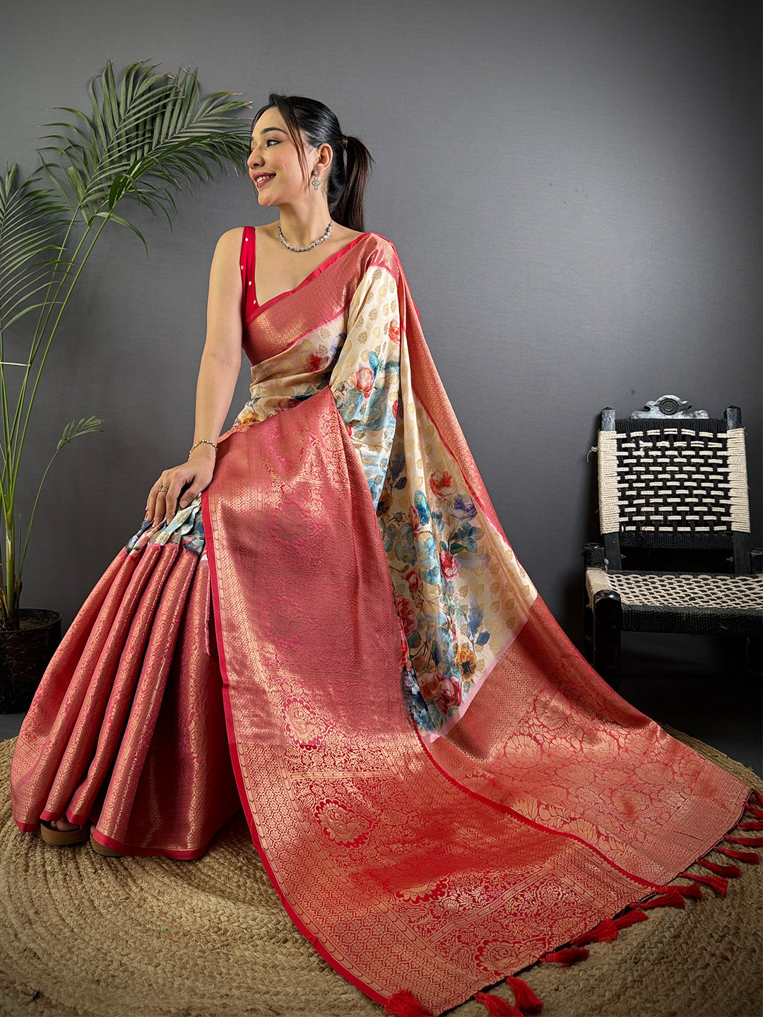 Beige Banarasi Floral Print Saree