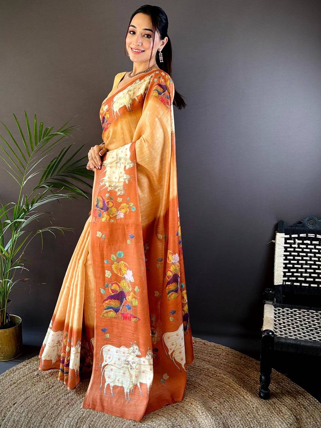 Orange Chanderi Pichwai Print Saree by My Store