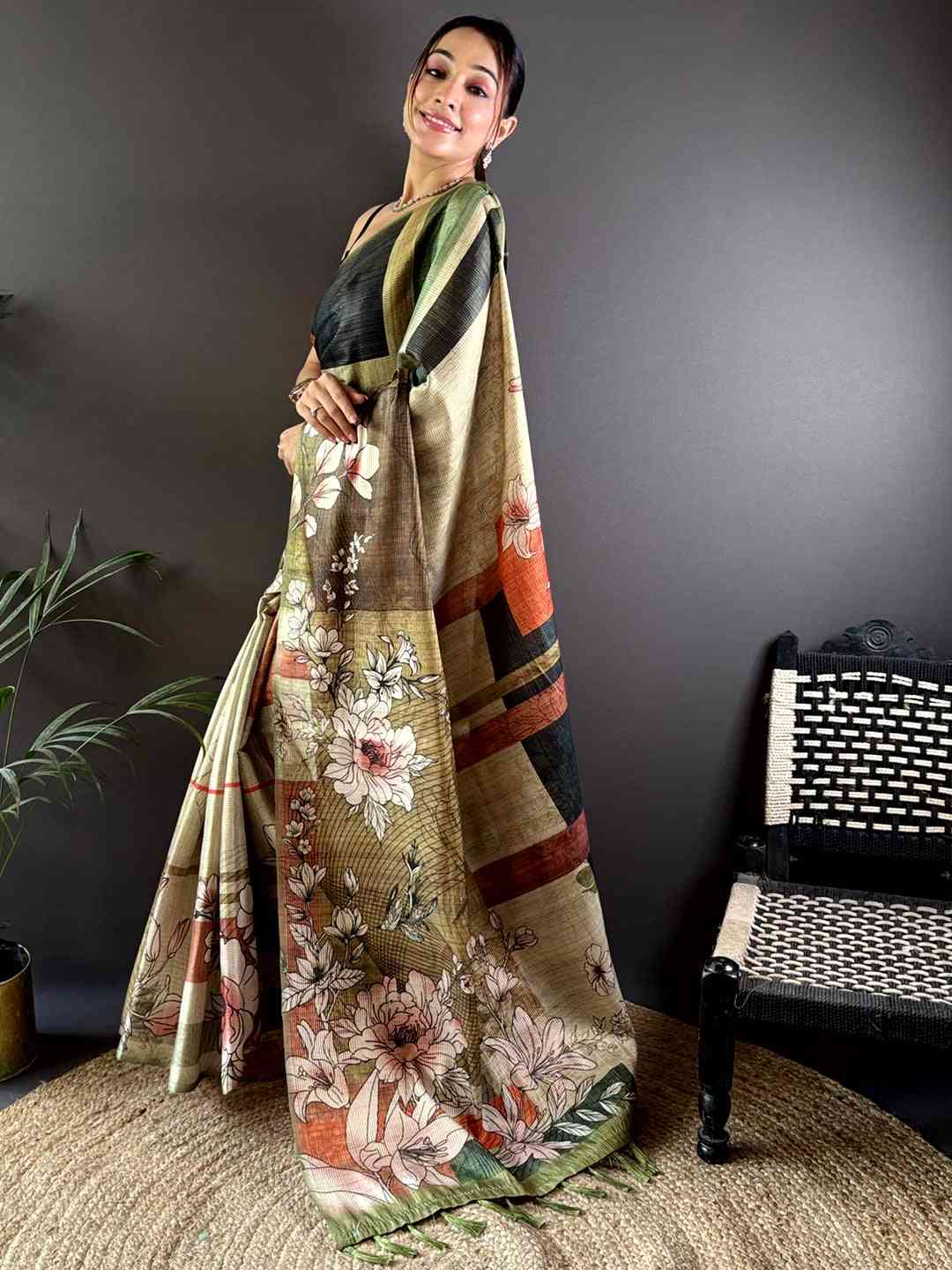 Light Green Tussar Zari Floral Saree by My Store