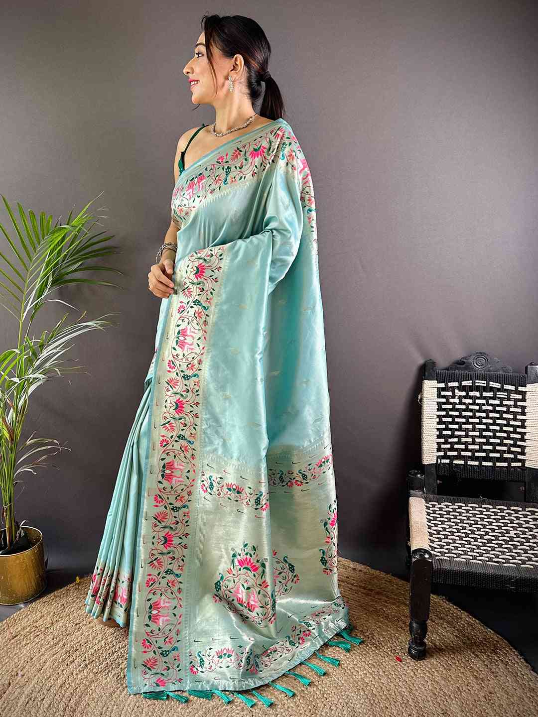 Sky Blue Yevla Paithani Meenakari Saree by My Store