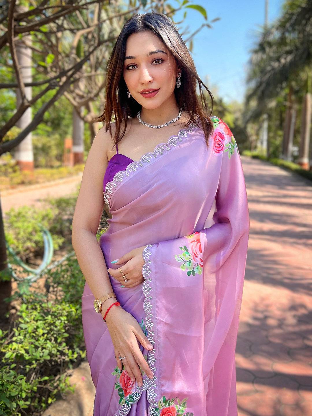 Lavender Satin Georgette Floral Print Saree