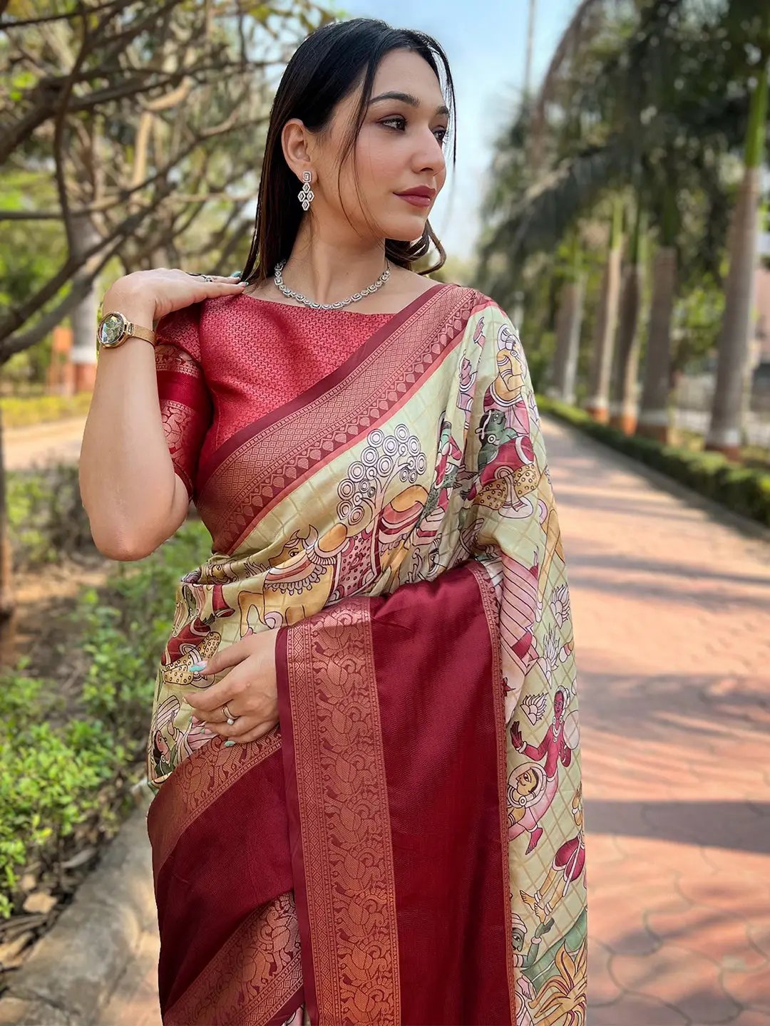 Pista Colour Double Border Chex Weaving Banarasi Soft Silk Saree by My Store