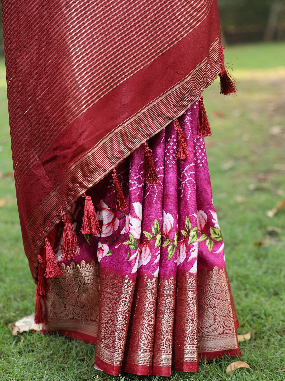 Magenta Pure Viscose Dola Silk Saree With Floral Print Border - Luxe by My Store