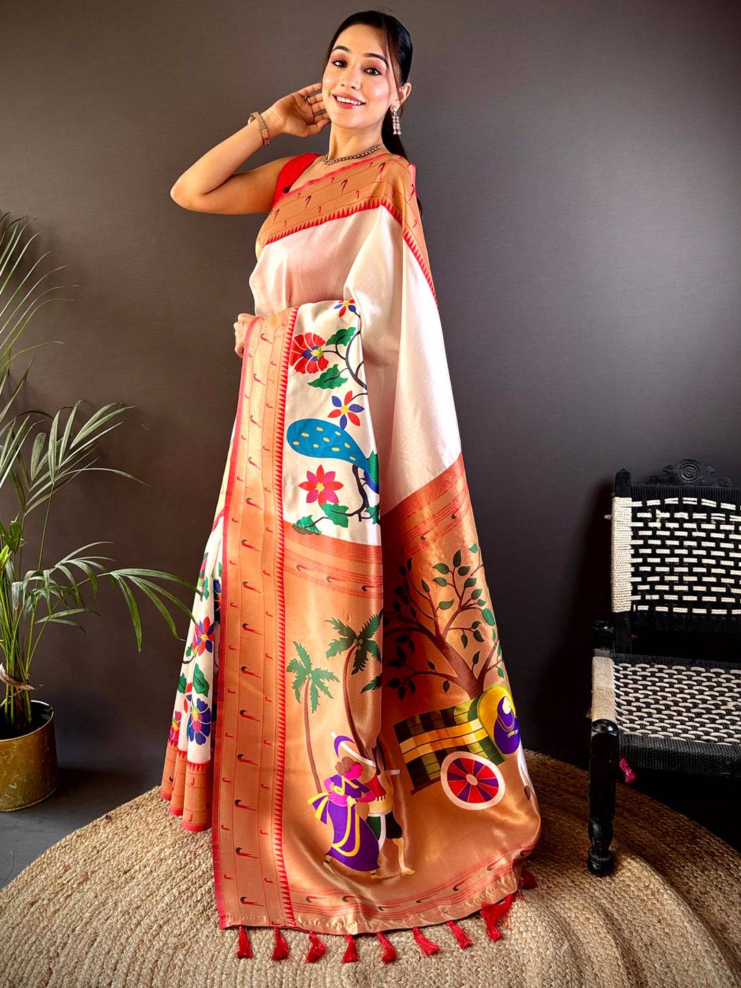 Off White Minakari Soft Silk Saree by My Store