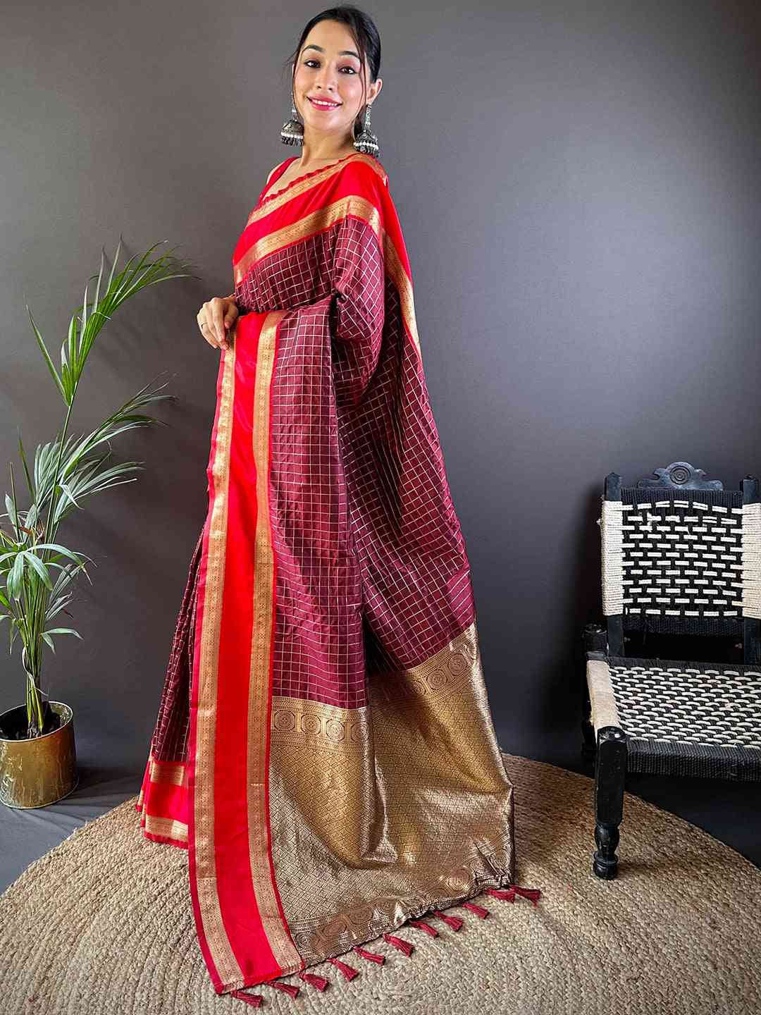 Brown Silk Woven Kanchi Banarasi Saree by My Store