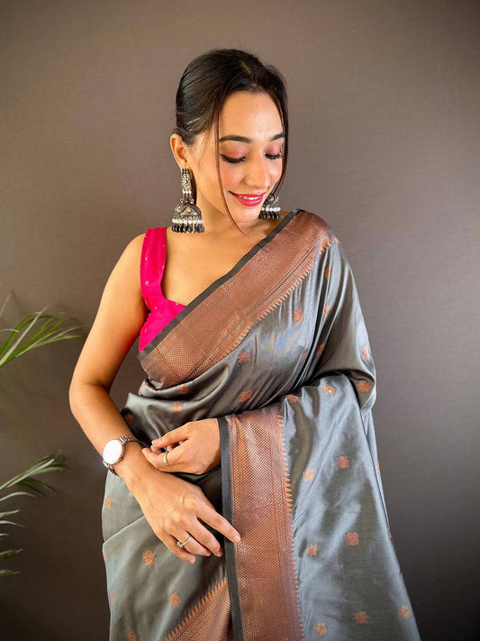 Dark Grey Copper Elegance Soft Silk Saree by My Store
