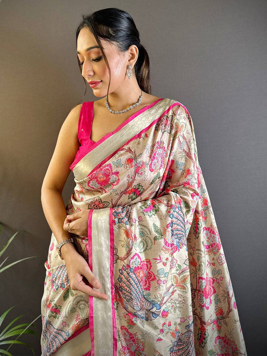 Serene Beige Phulkari Silk Saree by My Store