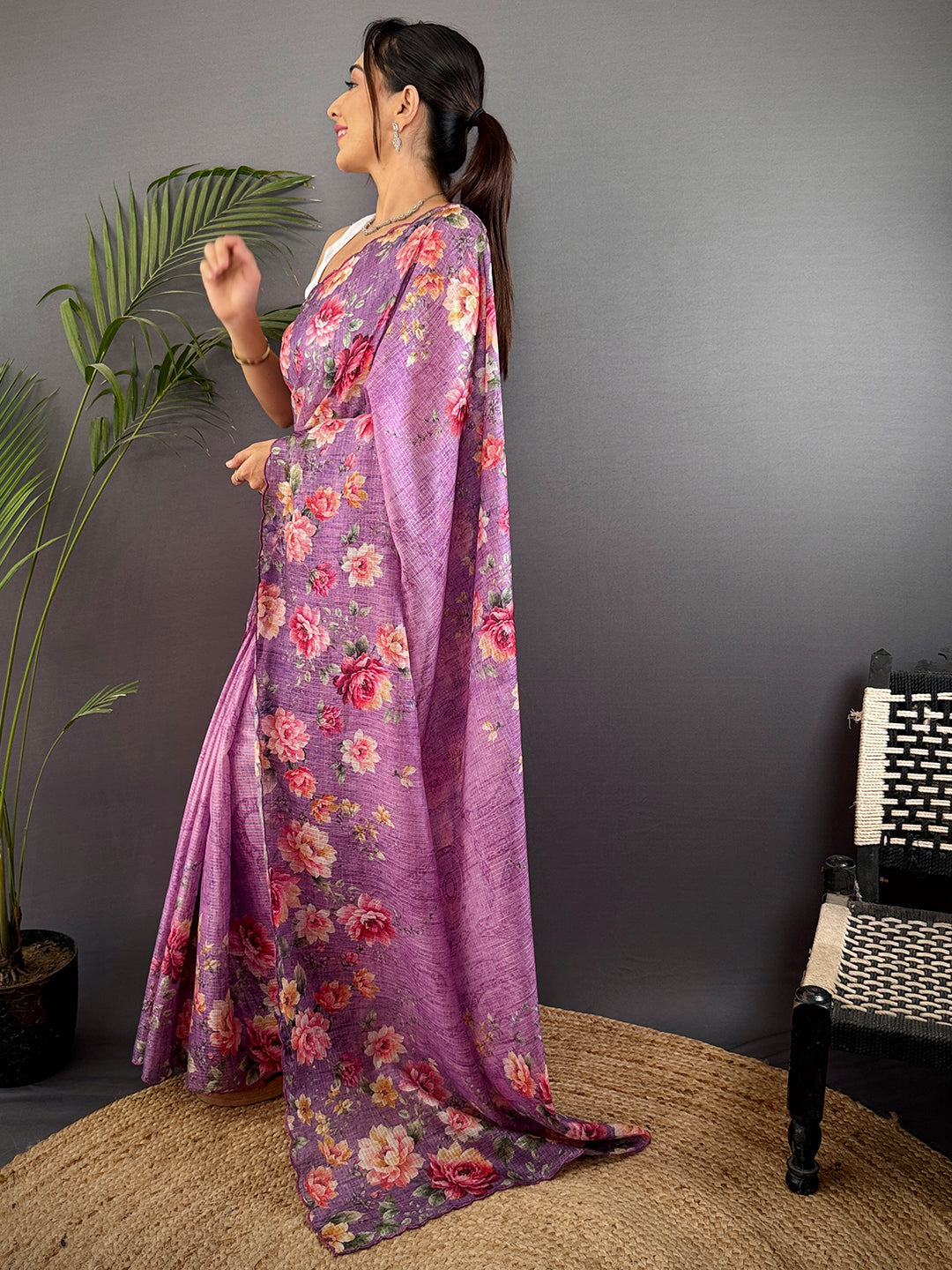 Lavender Kota Doriya Floral Cut Work Saree by My Store