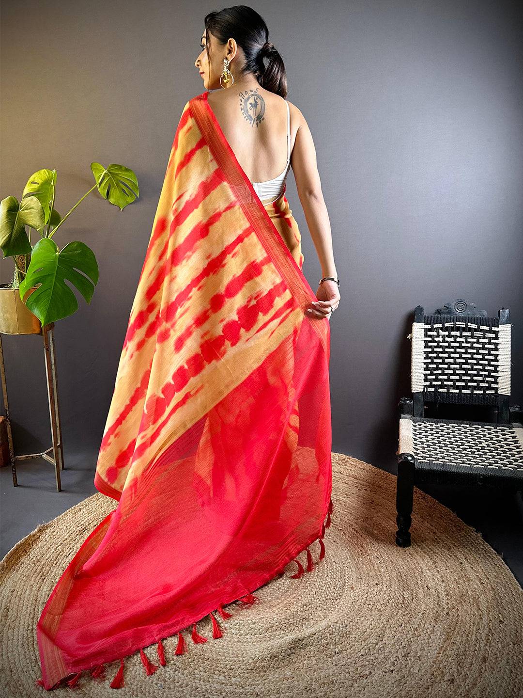 Marigold Shibori Print Linen Saree by My Store