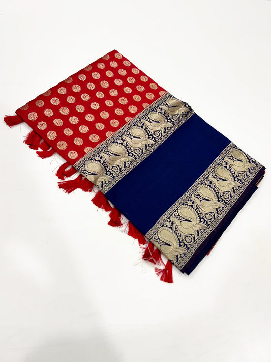 Royal Red Banarasi Silver Buttas Zari Weaving Saree by My Store