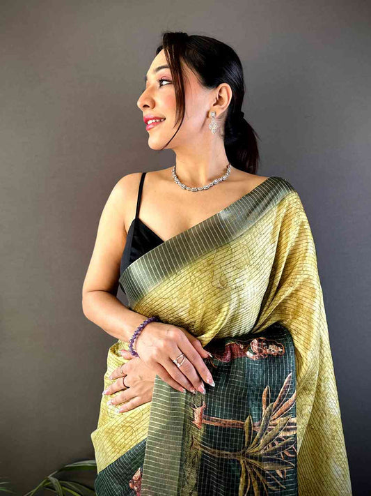 Olive Kalamkari Pichwai Black Check Saree by My Store