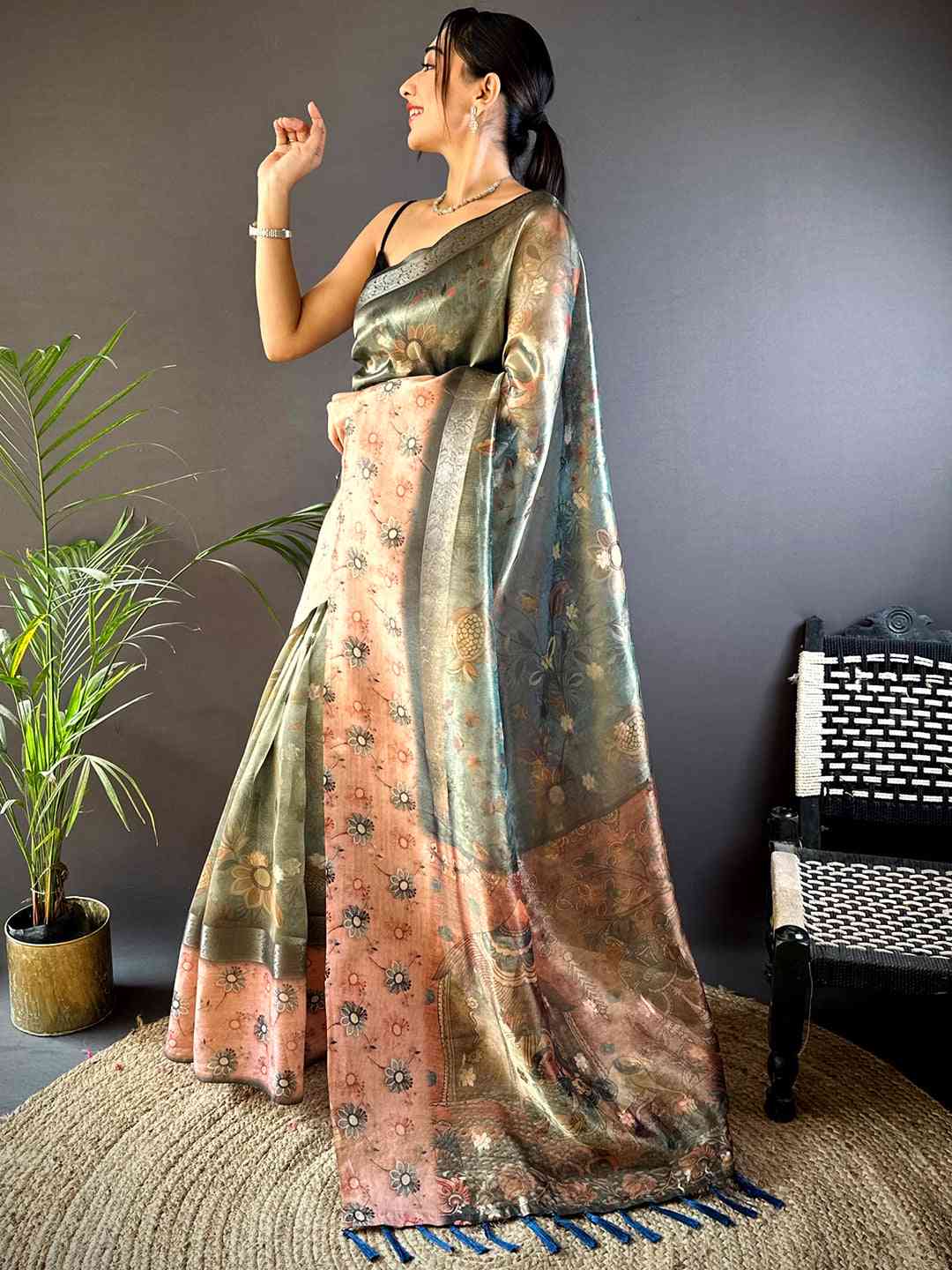 Olive Floral Satin Bentex Border Saree by My Store