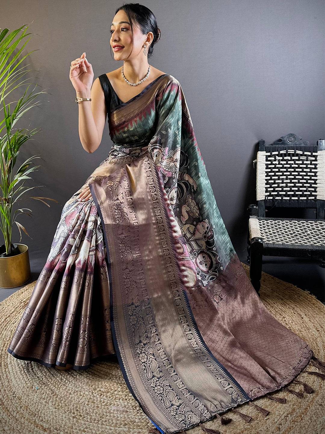 Intricate Teal Banarasi Silk Saree by My Store