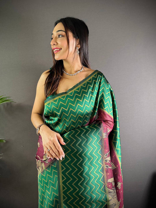 Green Heritage Weave Kalamkari Soft Silk Saree by My Store
