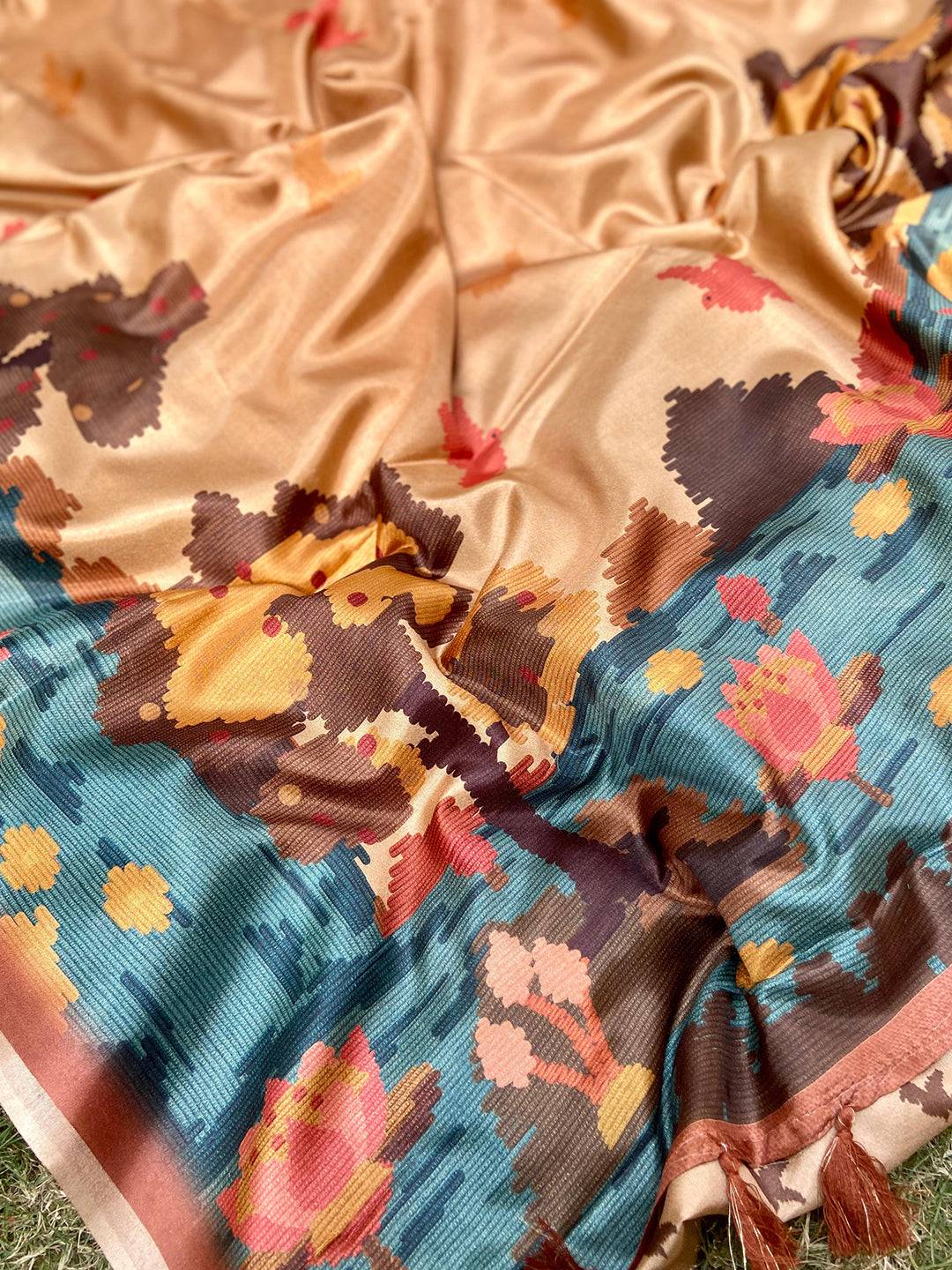Tussar Silk Gold Colour Freehand Ikkat & Kalamkari Print Saree