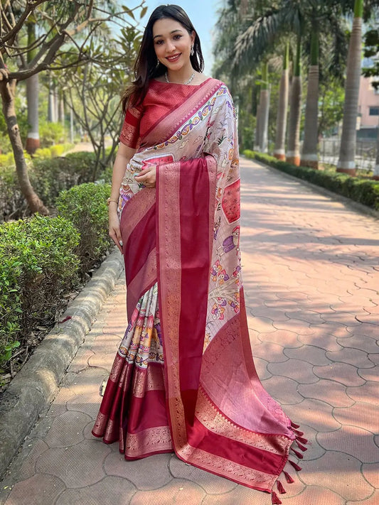 Wine Colour Double Border Chex Weaving Banarasi Soft Silk Saree