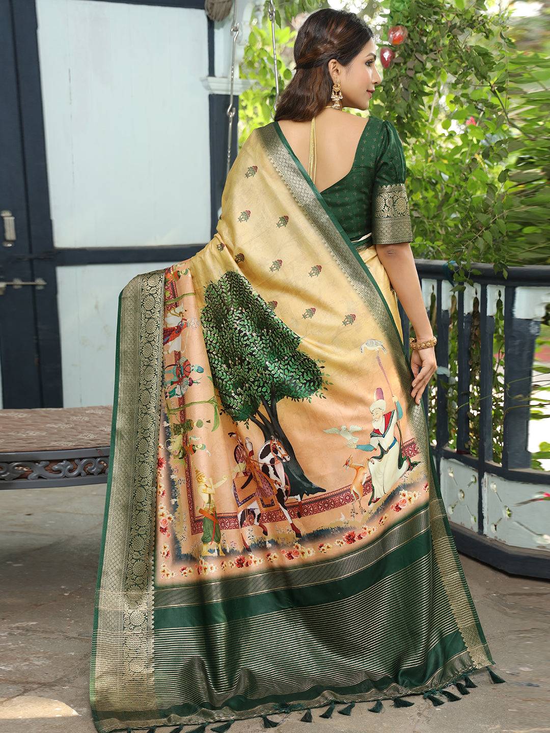 Viscose Dola Silk Yellow Colour Saree with Floral and Mughal Print - Luxe