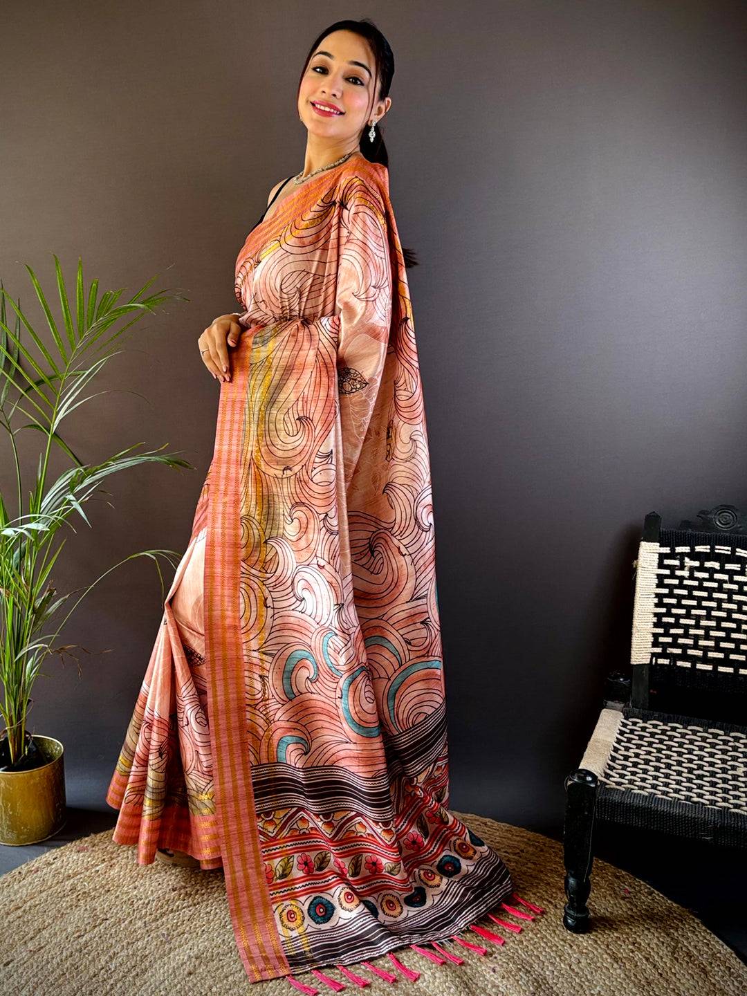Pink Soft Silk Ocean Wave Patterns Saree by My Store