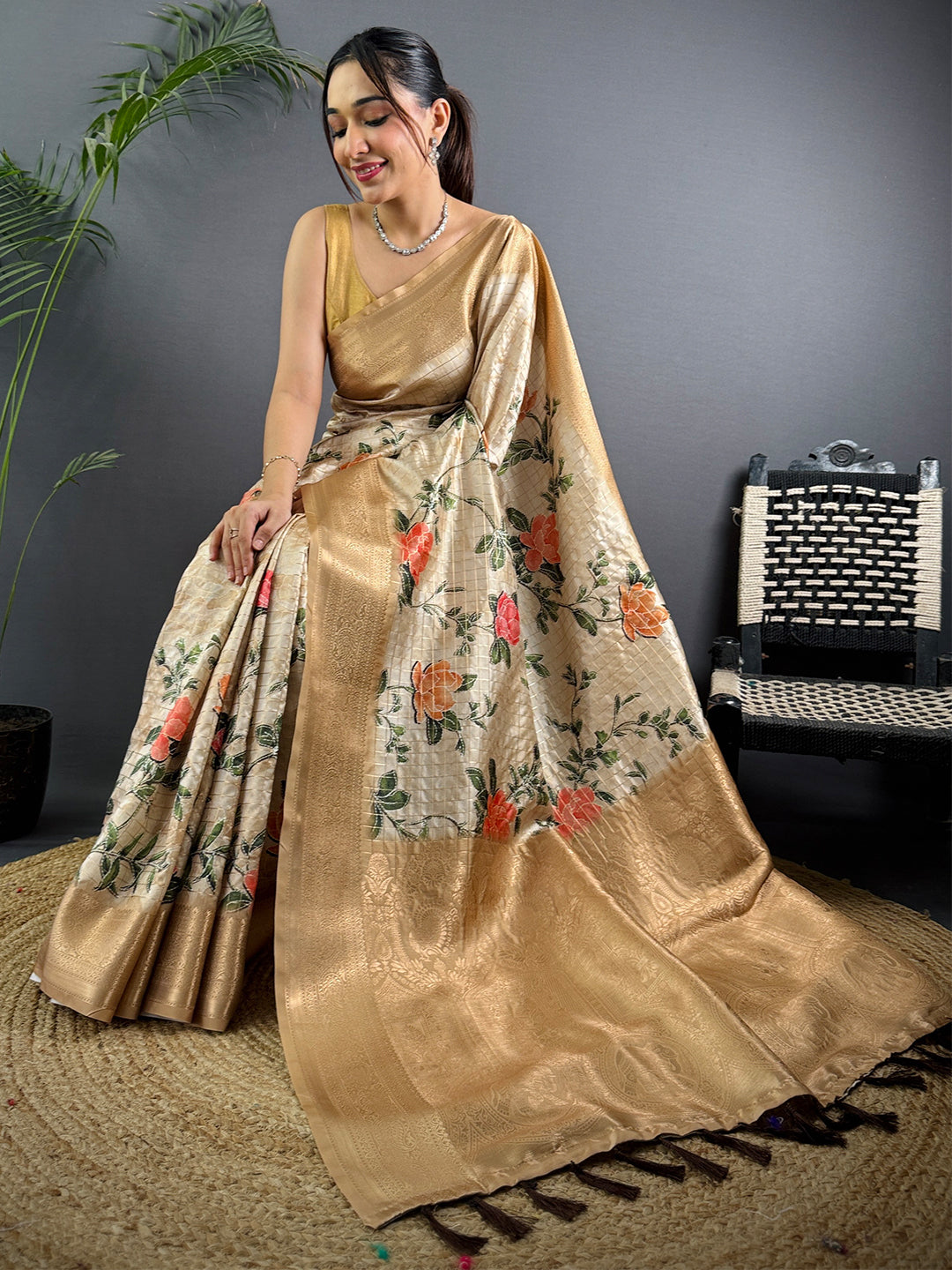 Cream Banarasi Silk Digital Printed Saree