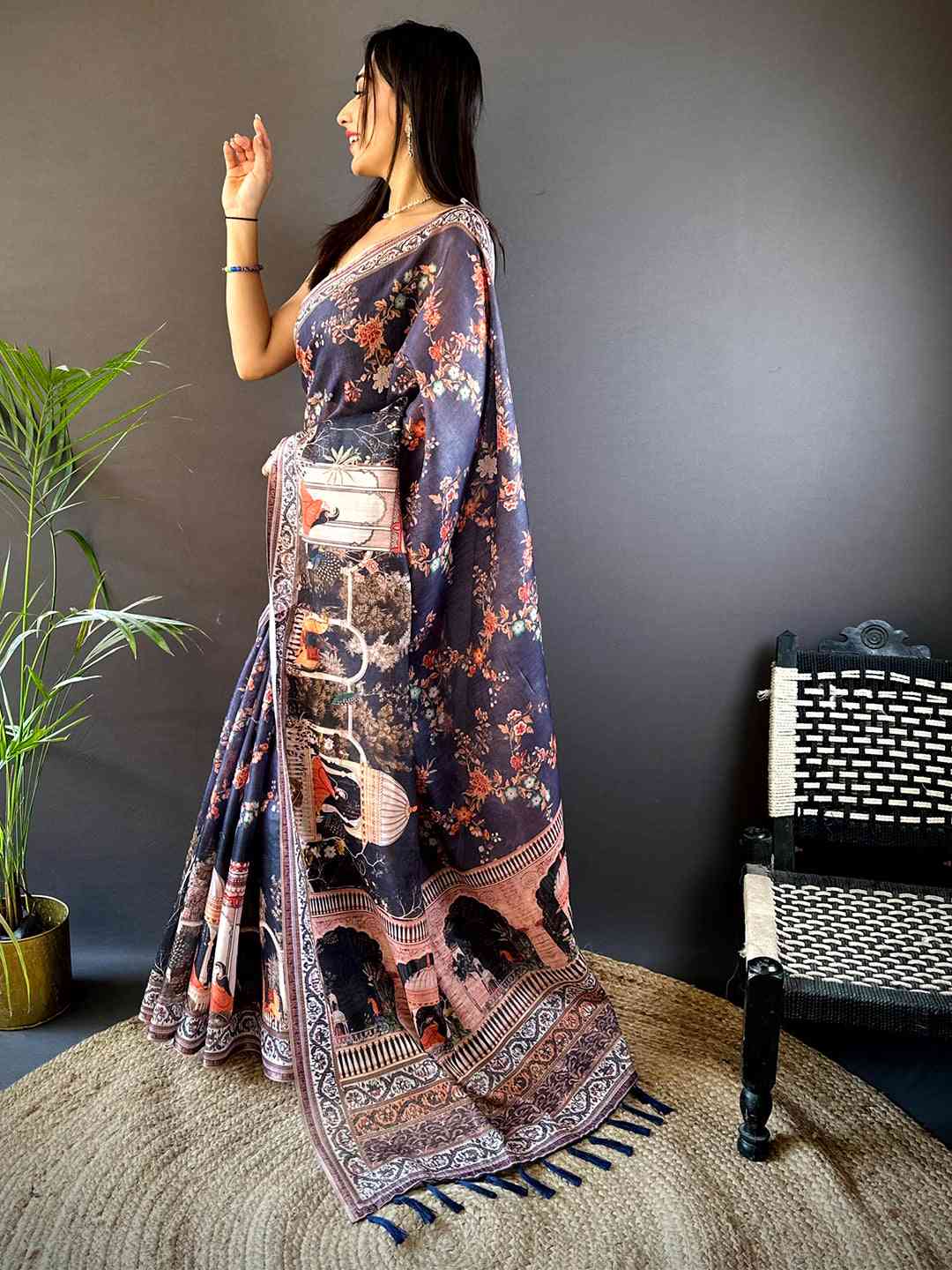 Navy Blue Tissue Chanderi Kalamkari Handprint Saree by My Store
