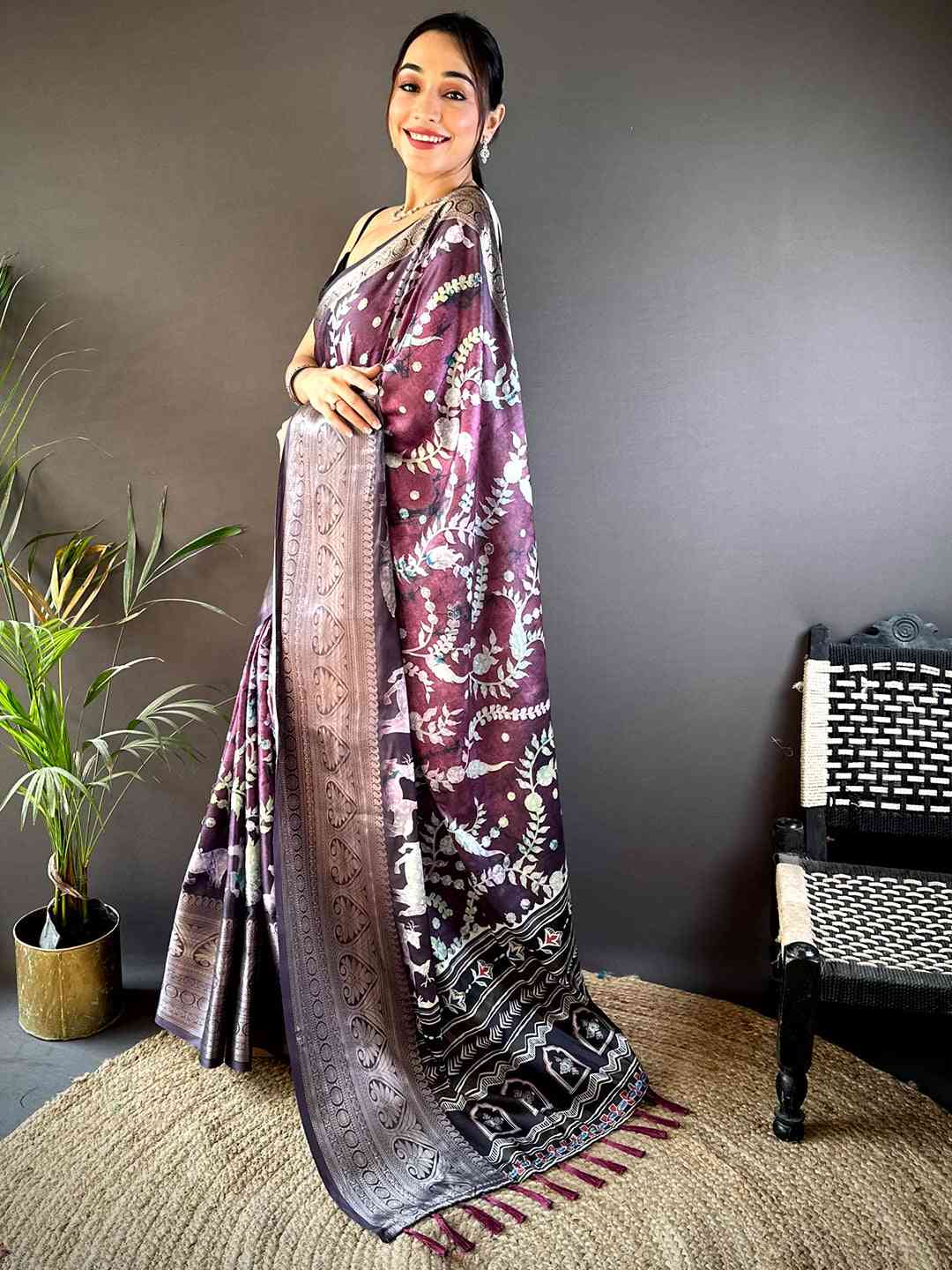 Lavender Floral Animal Batik Soft Silk Saree by My Store