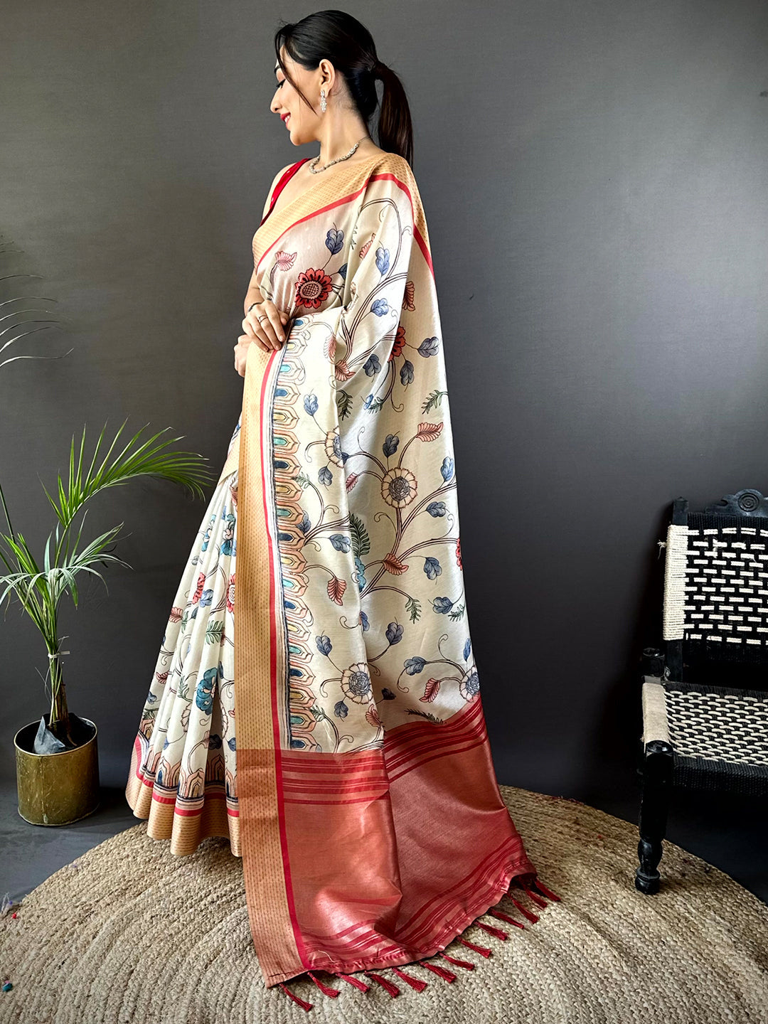 Cream Digital Kalamkari Printed Tussar Silk Saree by My Store