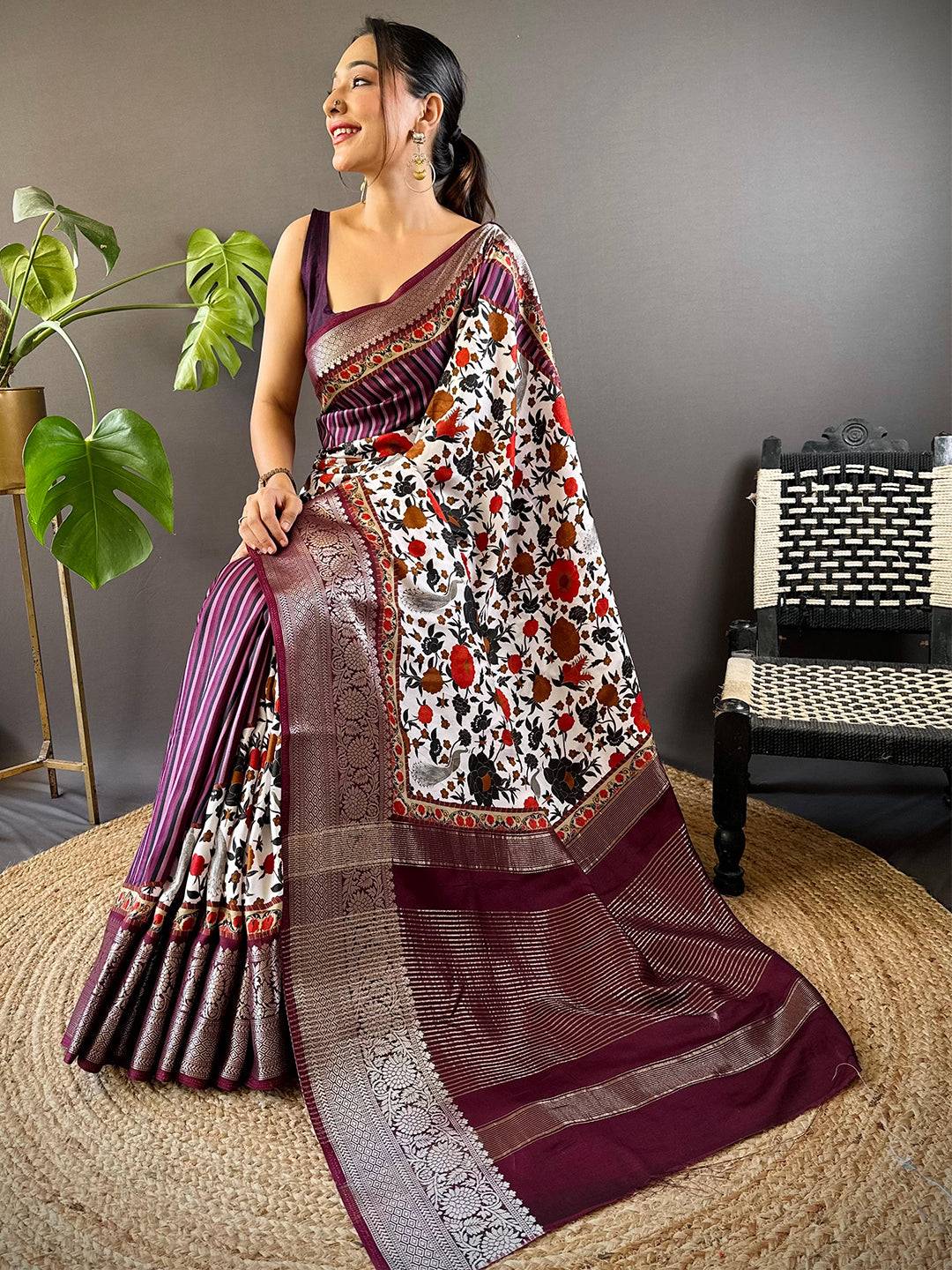 Wine Floral Peacock Fusion Saree
