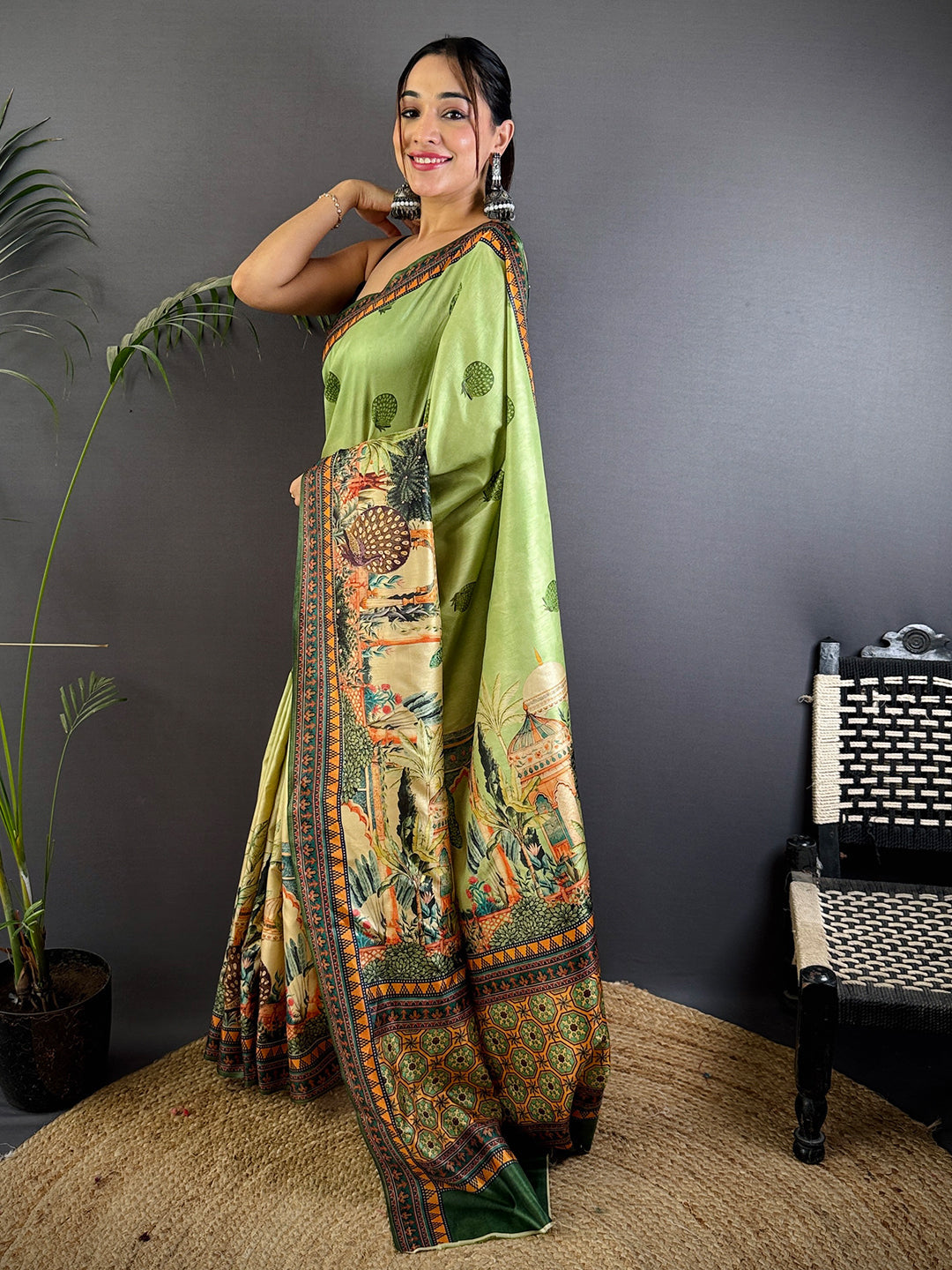Olive Soft Dola Silk Printed Saree by My Store