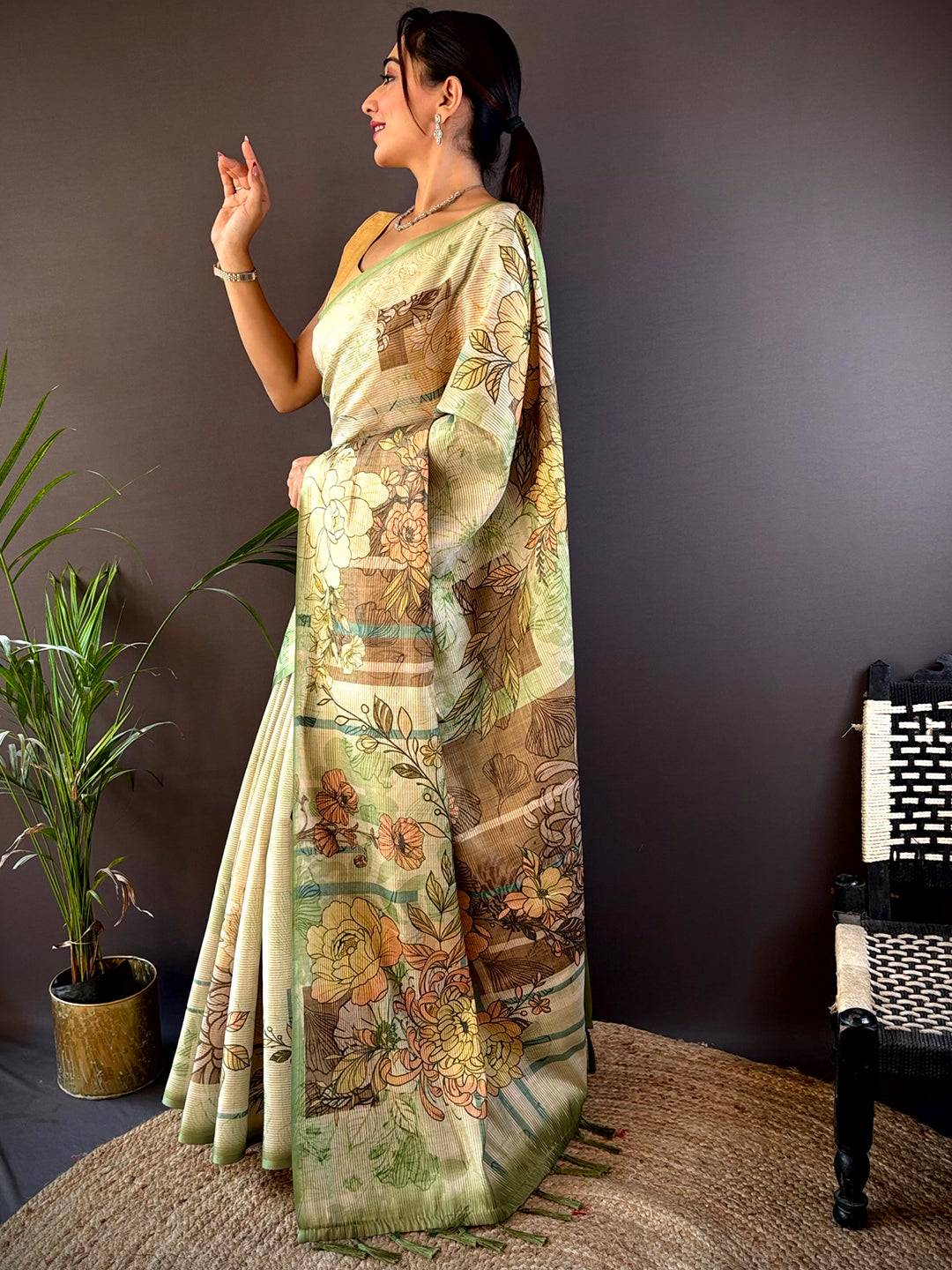 Mint Green Tussar Floral Saree by My Store