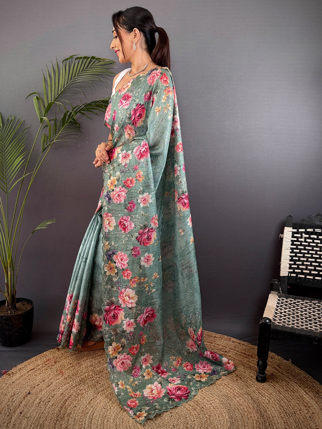 Mint Green Kota Doriya Floral Cut Work Saree by My Store