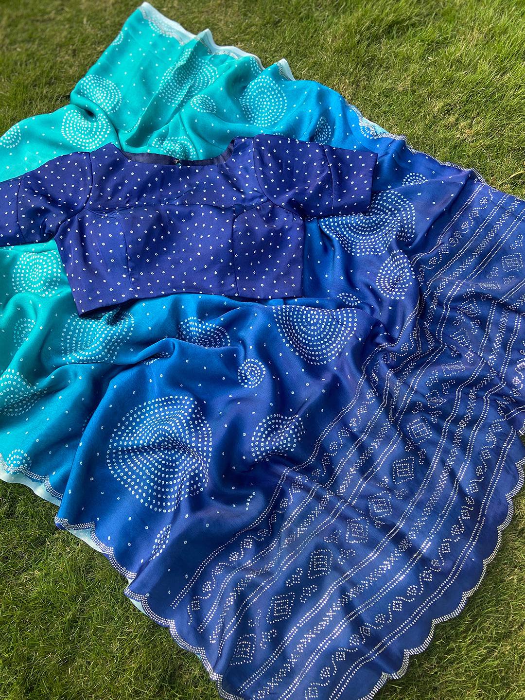 Turquoise Georgette Silk Saree with Ombre Bandhej Print & Swaroski Stone Work