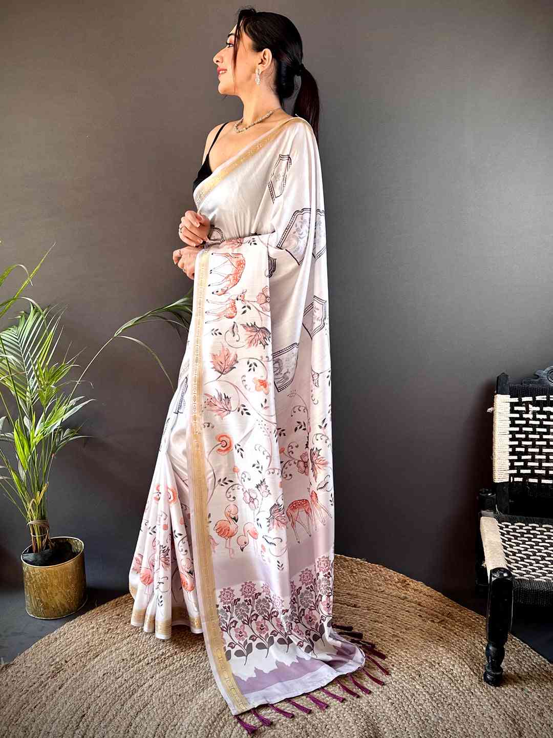 Lavender Forest Phulkari Kalamkari Print Saree by My Store