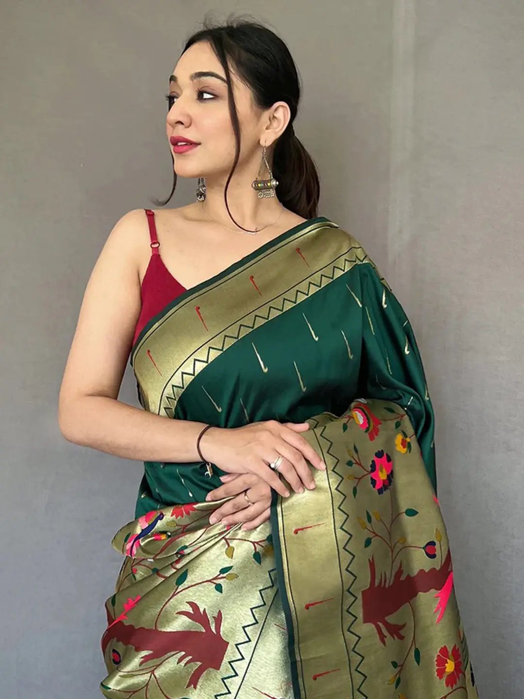 Bottle Green Paithani Big Border Zari Woven Saree by My Store