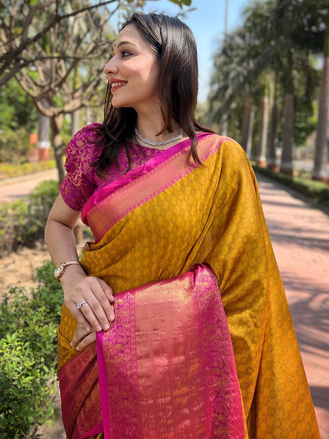 Mustard Colour Kanjivaram Aura Soft Silk Saree With Broced Zari Blouse by My Store