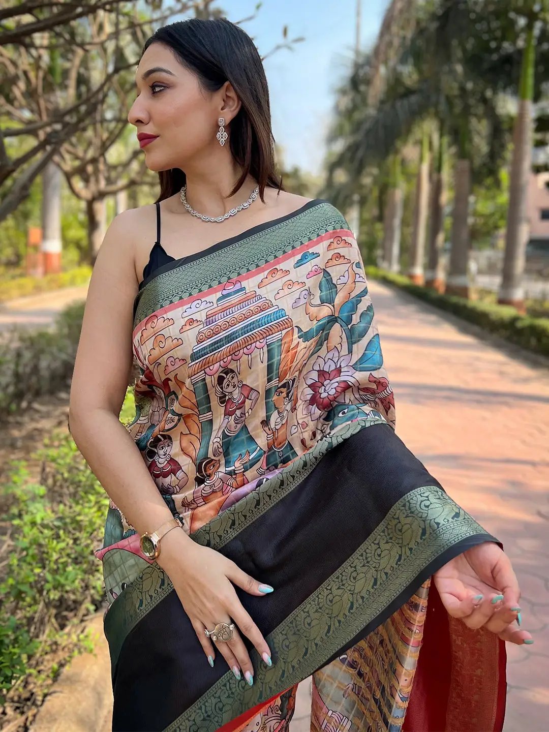 Green Colour Double Border Chex Weaving Banarasi Soft Silk Saree by My Store