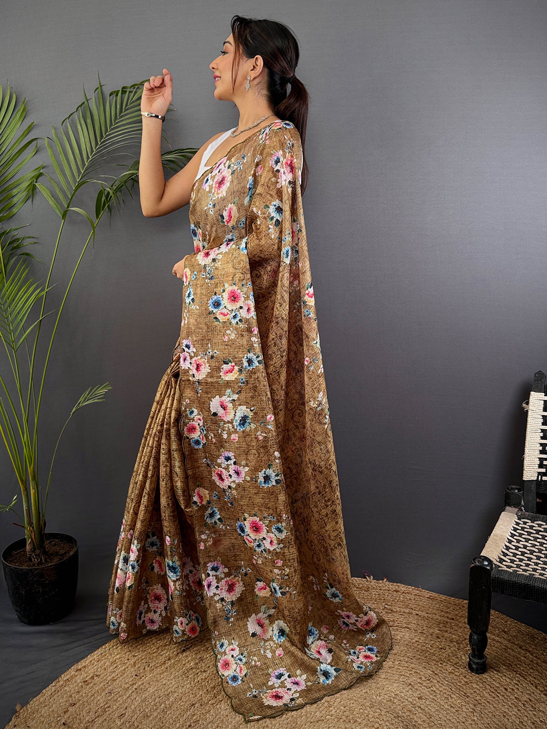 Brown Floral Cut Work Kota Saree by My Store