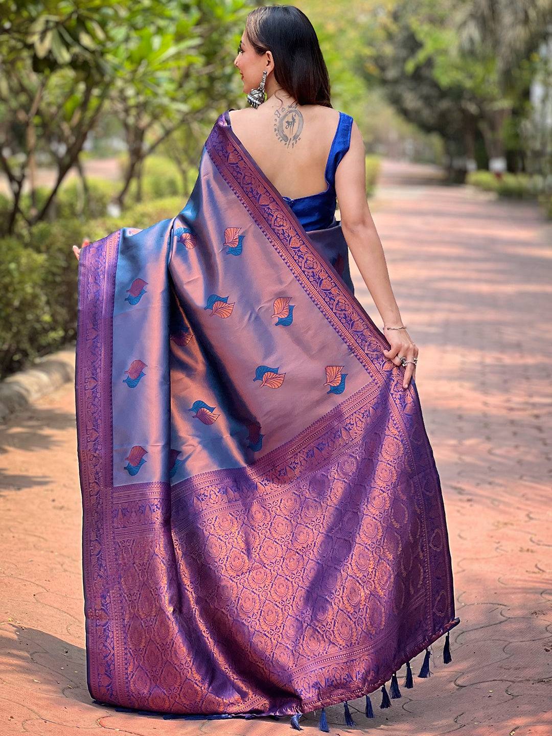 Navy Kanjivaram Tissue Saree With Gold Zari Weaving by My Store