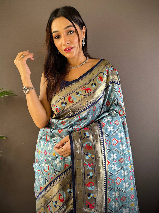 Sky Blue Patola Silk Zari Weaving Saree by My Store