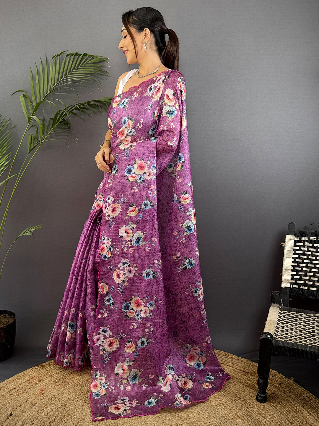 Lilac Purple Kota Doriya Floral Cut Work Saree by My Store