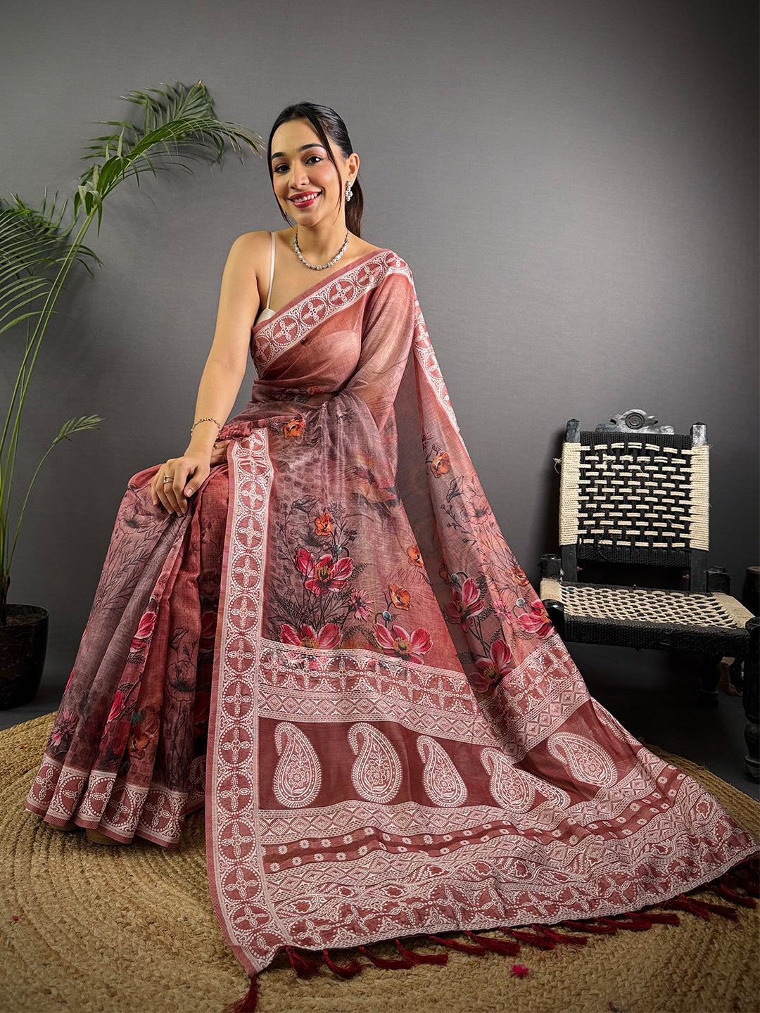 Maroon Lakhnavi Linen Digital Print Saree by My Store