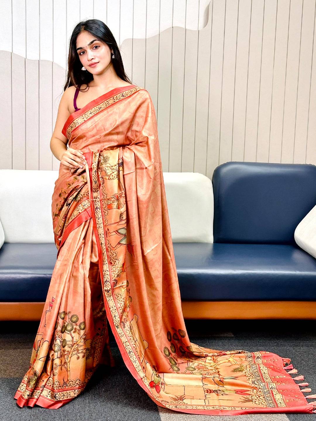Muvel Free Hand Kalamkari Print Saree by My Store
