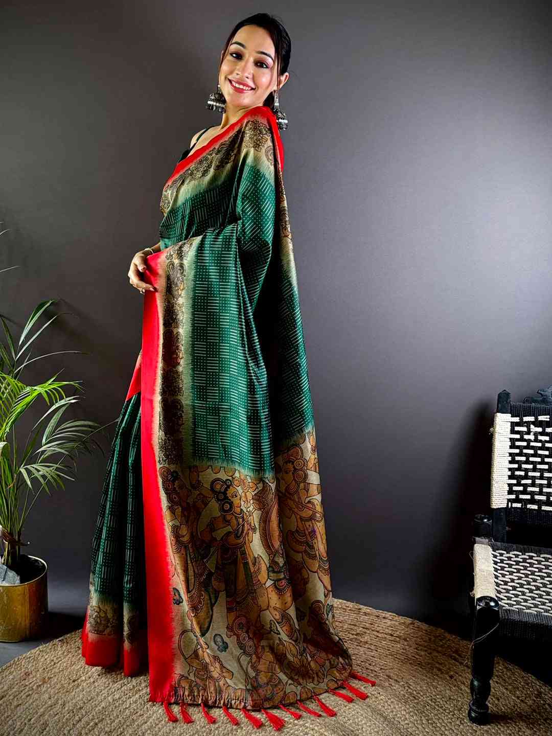 Green Soft Silk Kalamkari Pallu Saree by My Store