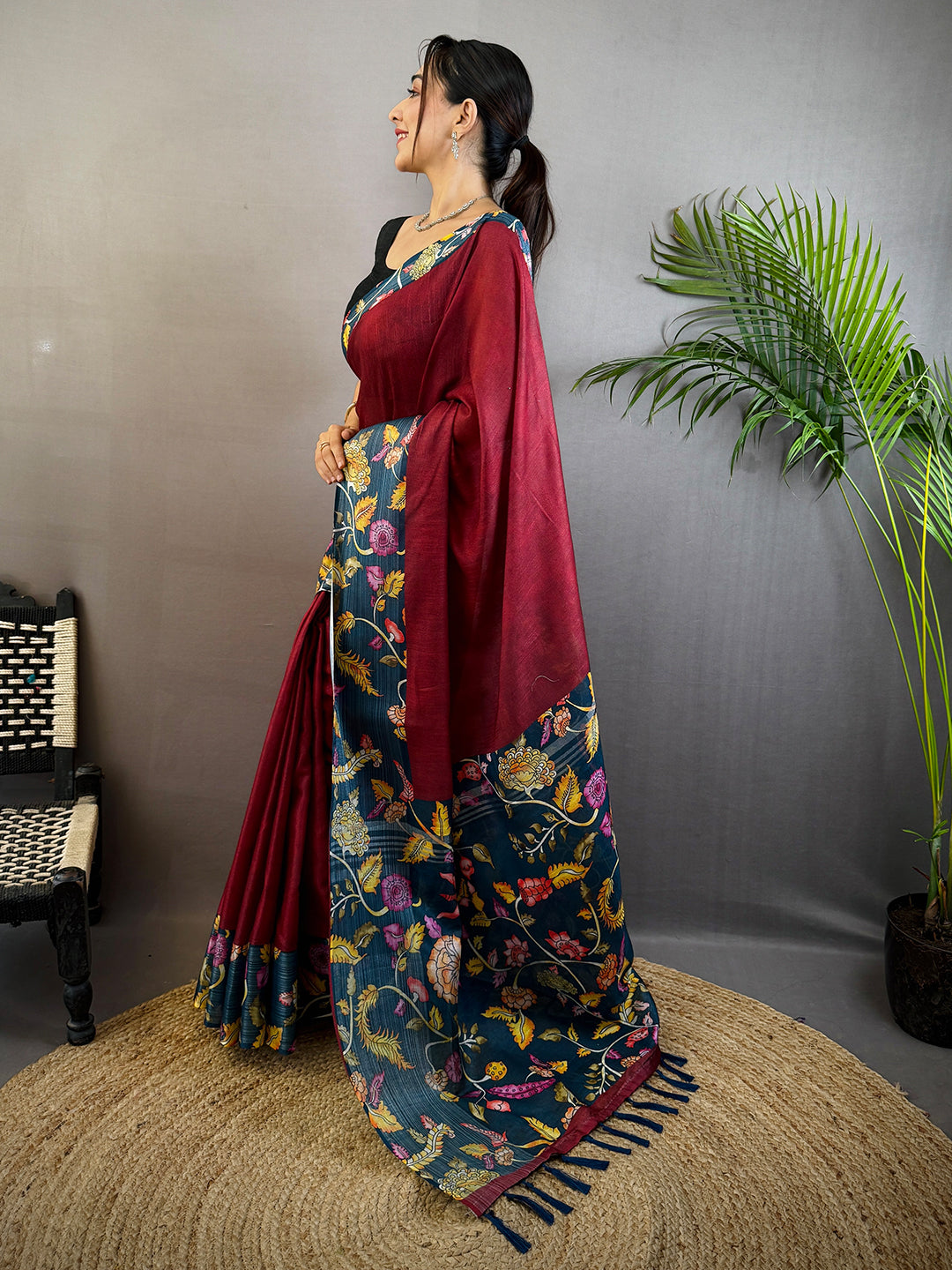 Red Linen Kalamkari Print Saree by My Store