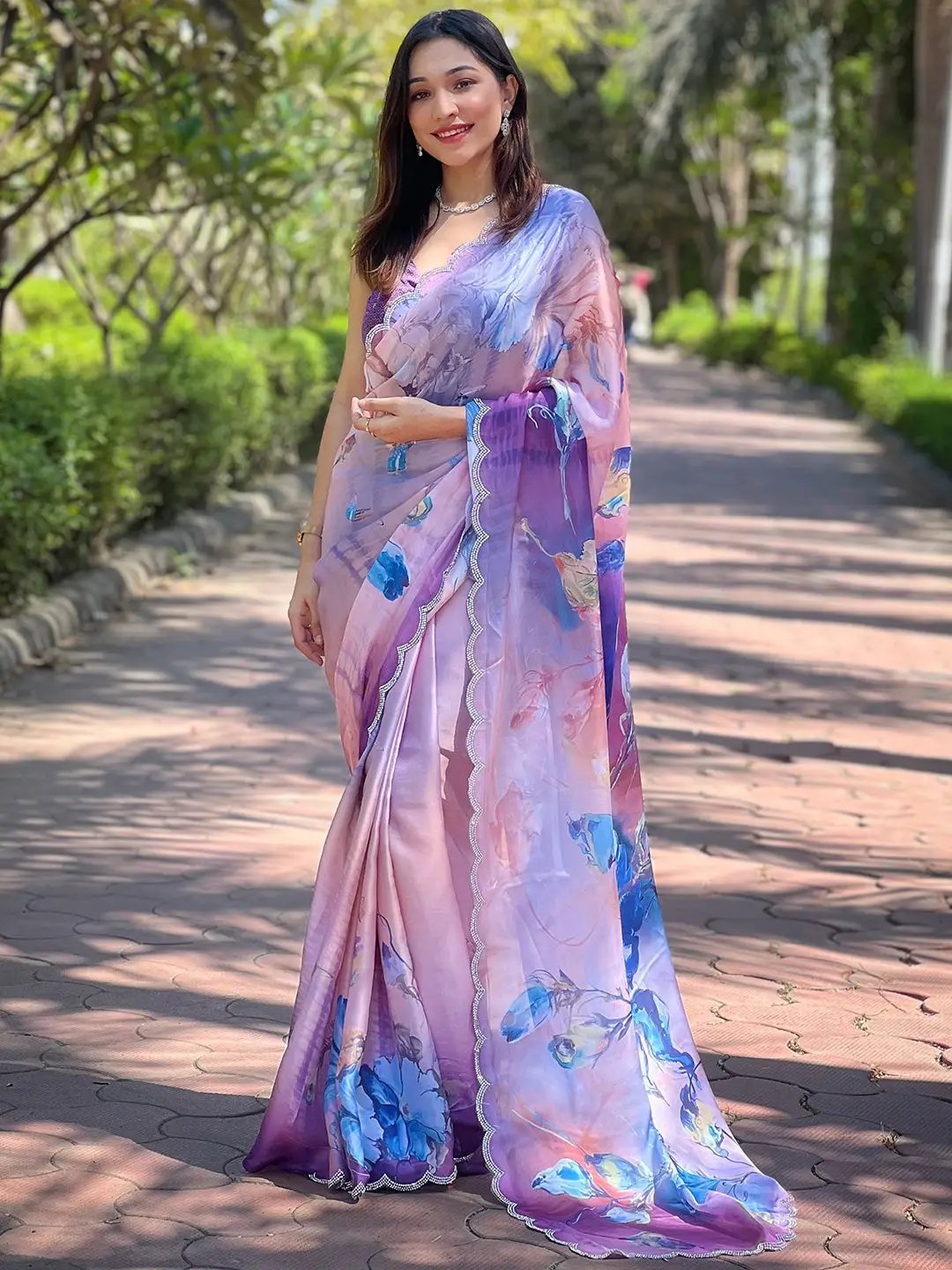 Lust Lavender Satin Georgette Floral Print Saree by My Store